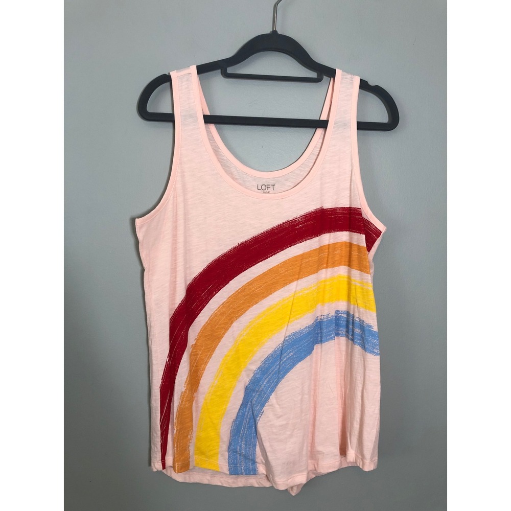 LOFT Rainbow Graphic Tank Top Womens Size M Pink Slub Knit Sleeveless Scoop Neck